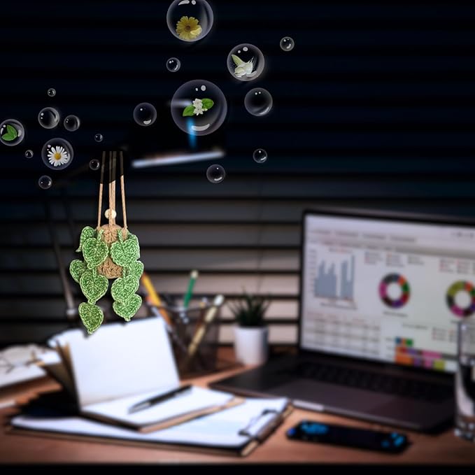 Handmade Crochet Hanging Car Air Freshener- Lifelike Green Pothos for Hanging with 12ml Thick Refillable Glass Diffuser Bottle, Suitable Decor for Car Rearview Mirror, Home & Wellness Spaces - Bloomnest