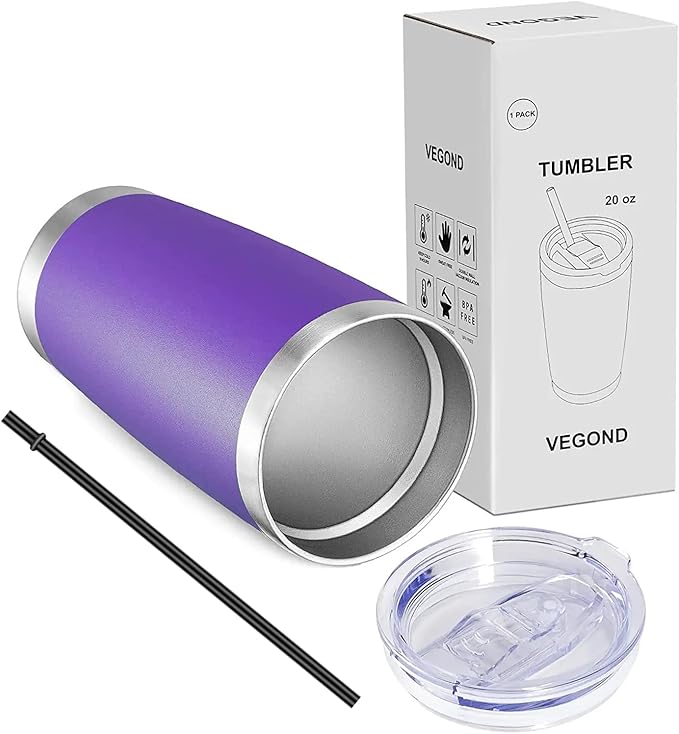 VEGOND 20oz Tumbler with Lid and Straw Stainless Steel Tumbler Cup Vacuum Insulated Double Wall Travel Coffee Mug Powder Coated Coffee Cup(Purple 1 Pack) - Bloomnest