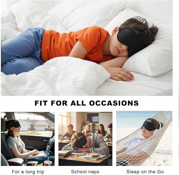 3D Sleep Mask for Kids & Teens (8-18 Years), Zero Pressure & Blackout Eye Cover - Soft Breathable, Adjustable for Travel, Night Use & Deep Sleep - Bloomnest