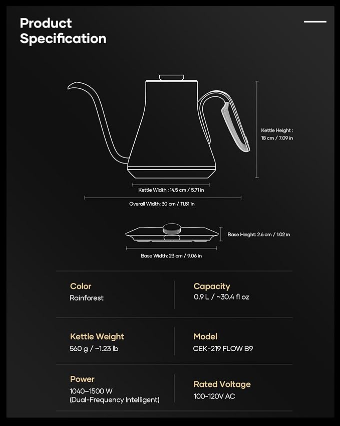 Cocinare FLOW B9 Gooseneck Electric Kettle, Precise Temperature Control for Pour-Over Coffee & Tea Brewing, Stainless Steel Interior, Rapid Heating for Boiling Water 0.9L (Rainforest) - Bloomnest