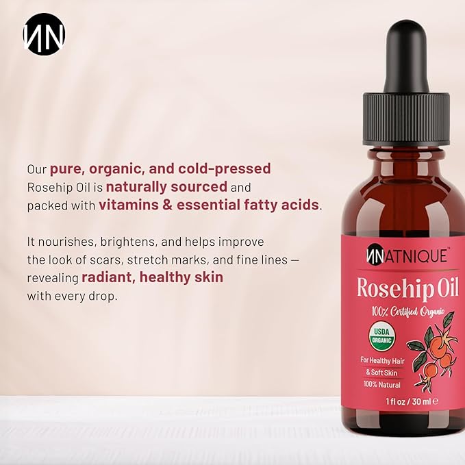 Natnique Organic Rosehip Seed Oil, 1 oz – USDA Certified Cold-Pressed Moisturizer for Face, Skin & Hair – Natural Hydrating Serum for Wrinkles & Fine Lines – Ideal for Gua Sha Massage & Radiant Glow - Bloomnest