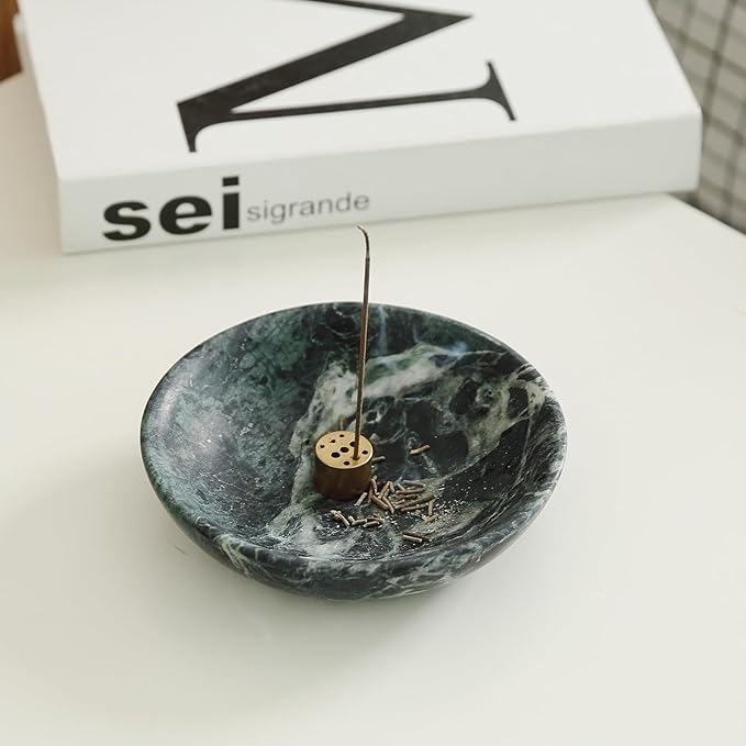 Koville Natural Marble Incense Holder, Incense Holder for Sticks with 9 Holes, Handmade Incense Burner Ash Catcher for Meditation Yoga SPA, Balsam Fir/Palo Santo/Sage/Cone (Green) - Bloomnest