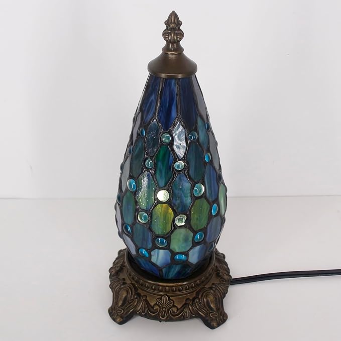 Small Tiffany Lamp Stained Glass Table Lamp 5.5X11 Inch Christmas Tree Lighthouse Mini Accent Memory Sympathy Antique Night Light for Bedroom Living Room (Blue Pearl)