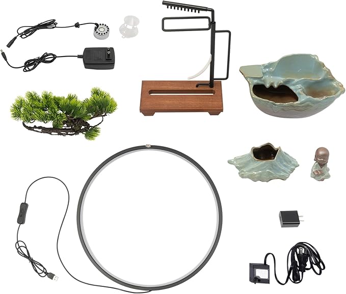 Tabletop Water Fountain, Indoor Waterfall with Round LED Light Ceramic Meditation Monk, Mist Maker and Incense Holder for Home Office Decor - Bloomnest