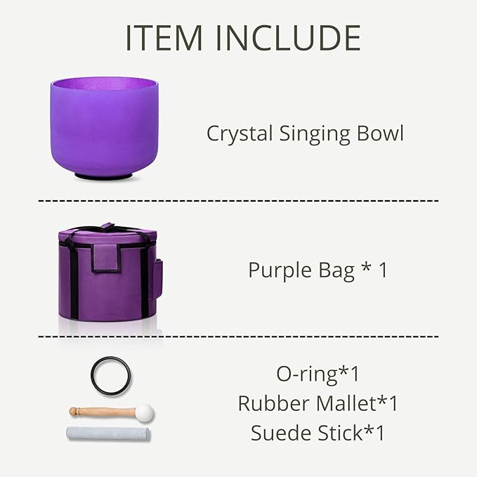 Purple B Note Crown Chakra 8 inch Quartz Crystal Singing Bowl, for Healing Mindfulness Meditation Yoga Sound Baths, with Case Rubber Mallet - Bloomnest