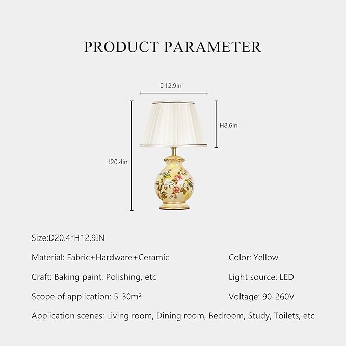 20.4" Chinoiserie LED Table Lamp, American Flower and Bird Ceramic Chinoiserie Table Lamp, Yellow Fabric Shade with Hardware Base Round Bedside Lamp Bedroom Study Hotel Home Decoration - Bloomnest
