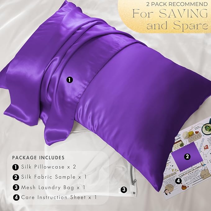 PROMEED 23 Momme Kids Silk Pillowcase 2 Pack with Laundry Bag, Natural Grade 6A+ Mulberry Silk Travel Toddler Pillow Case Set of 2, Zipper (Toddler/Travel 13"x18", Purple) - Bloomnest