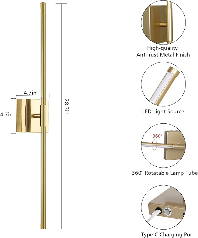 2 Pack Wall Sconces Battery Operated, Wall Sconces 3000K-6000K Dimmable Rechargeable Wall Sconce with Remote Control, 350°Rotate LED Wireless Wall Lights for Living Room, Hallway, Bedroom(Gold) - Bloomnest