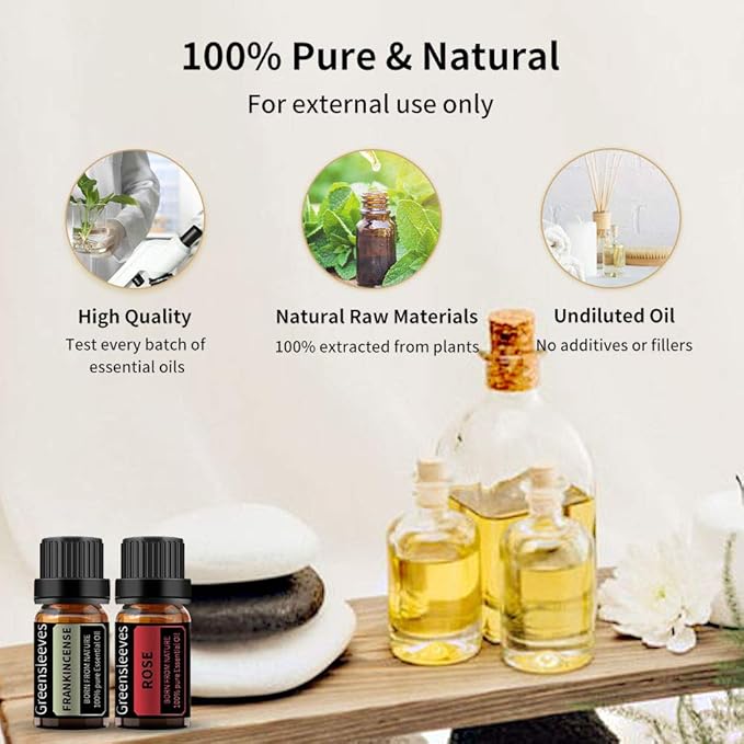 GREENSLEEVES Rose Frankincense Essential Oil Set, 2 x 10ml Pure Plant-Based Fragrance Oil for Aromatherapy, Essential Oils for Diffuser, Massage, Bath Bomb, Scented Candle Soap Making GREENSLEEVES