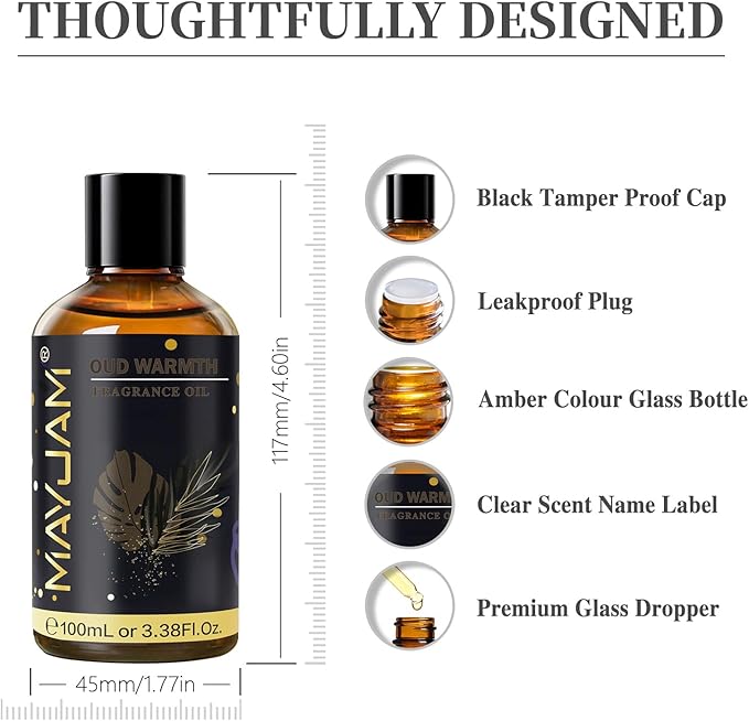 Oud Warmth Fragrance Oil Essential Oil, MAYJAM 3.38FL.OZ Oud Warmth Oil for Diffusers for Home, Long Lasting Scented Oils for Soap Candle Making - 100ML MAYJAM