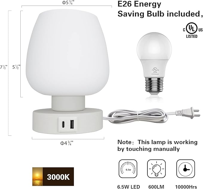 Touch Bedside Table Lamp - Small Lamp for Bedroom with USB C+A Charging Ports 3 Way Dimmable, Nightstand Desk lamp with White Opal Glass Lamp Shade Warm LED Bulb Included, Simple Design Gifts - Bloomnest