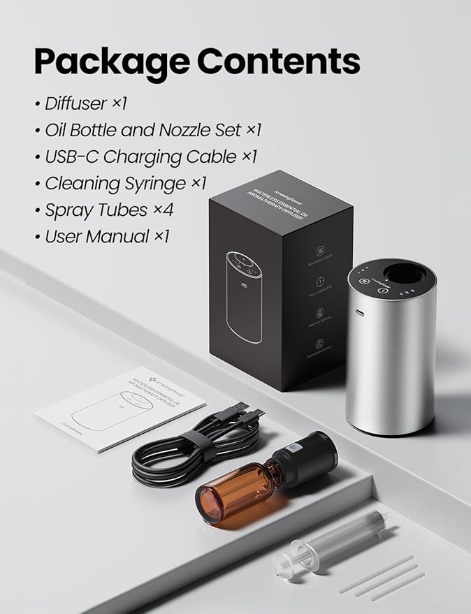 Waterless Essential Oil Diffuser, Rechargeable Scent Diffusers with 3 Mist Levels & Timers, Portable Aromatherapy Diffuser for Home Car Room Studio Office, Silver Metal - Bloomnest