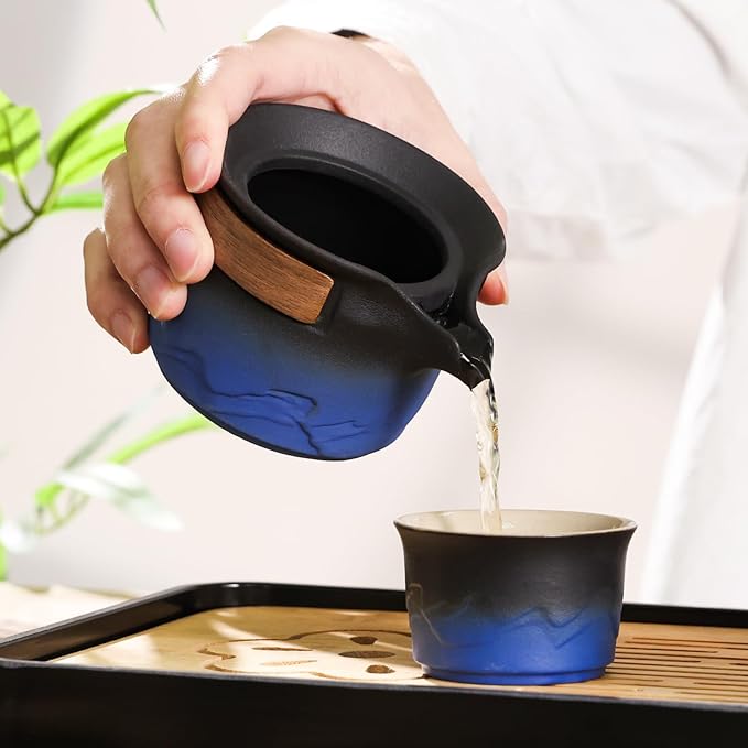 LURRIER Gongfu tea sets, Portable Ceramic TeaSet, Asian Tea sets for adult, Tea Gift sets, Grey leather case, Portable Travel Bag,Home,Gifting,Outdoor and Office(Black and Blue) - Bloomnest