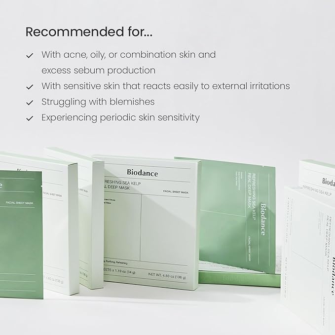 BIODANCE Refreshing Sea kelp Real Deep Mask, Overnight Hydrogel Mask, Calming, Oil & Sebum Control, Blemish Care, Korean Skin Care, Valentines Day Gifts for Her | 1.19oz(34g) x 4ea - Bloomnest