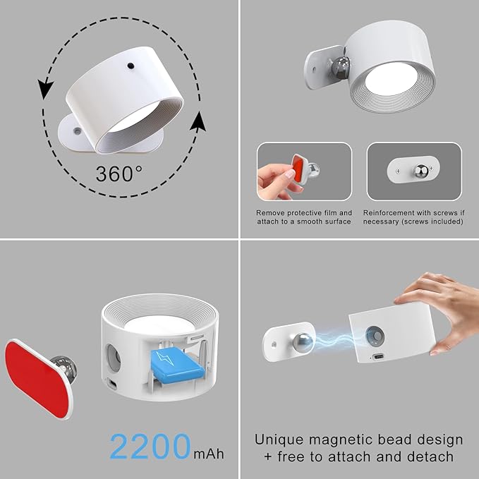 3Pack Battery Operated Wall Sconce, 3 Color Modes 3 Brightness Levels 360°Rotation Lighting Timer Touch & Remote Control, Wall Mounted Lamp LED Wall Lights for Bedroom Reading Bedside (White) - Bloomnest