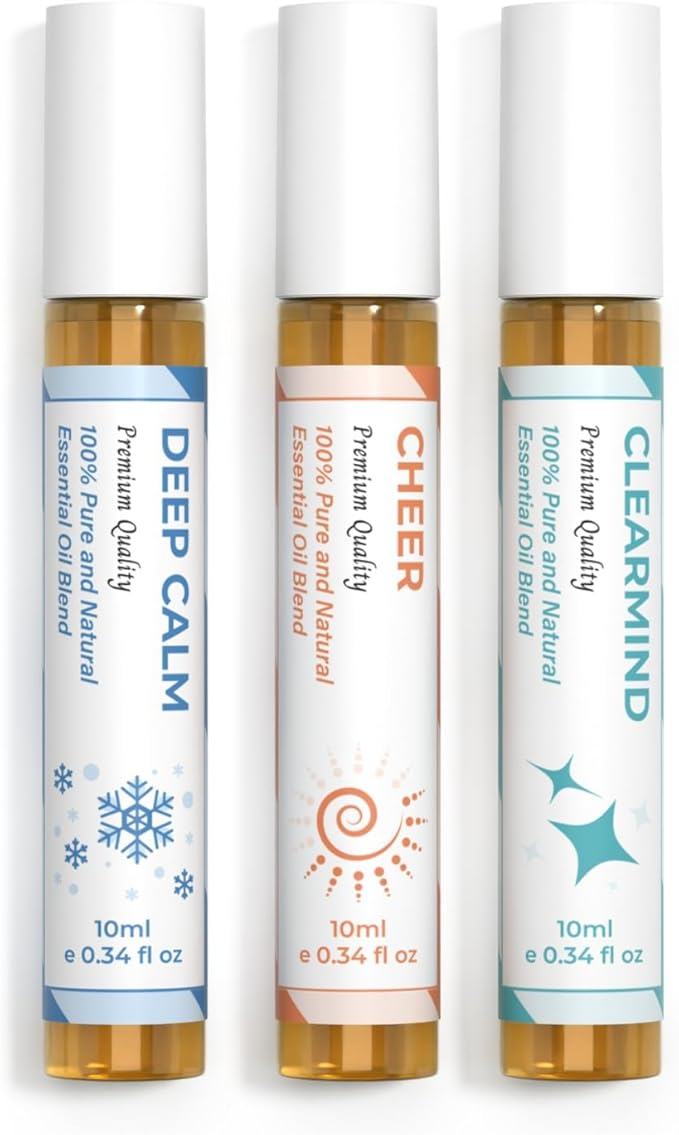 Essential Oil Set (Deep Calm, Cheer, ClearMind), Aromatherapy Roll On Blends for Massage, Body Care & Home Use, Great Fragrance Roller Gift for Men & Women - Bloomnest
