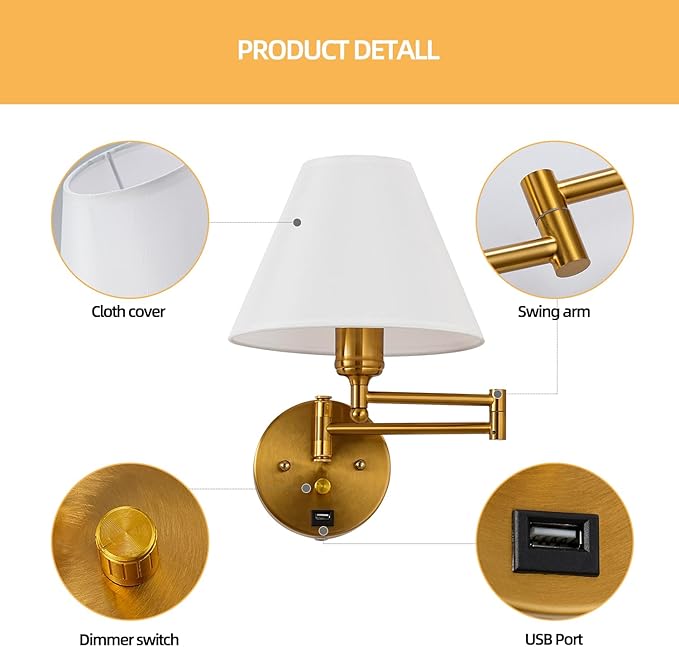 Swing Arm Wall Sconces, Plug-in Wall lamp,Bedroom Wall lamp , White Fabric Shade,,with dimmable Switch and USB Charging Port, Suitable for Bedside, Living Room, Reading (Golden) - Bloomnest