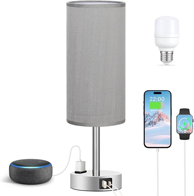 Fenmzee Grey Nightstand Table Lamp for Bedroom - 3 Way Dimmable Bedside Lamp USB C A Charging Ports and AC Outlet, Small Table Lamp Silver Base for Living Room, Office Desk, LED Bulb Included - Bloomnest