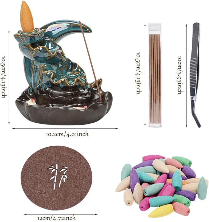 Ceramic Incense Holder Set, Creative Moon Waterfall Incense Holder Backflow Incense Burner with 20 Backflow Incense Cones +30 Incense Sticks+1 Tweezers+1 Mat Aromatherapy Decorations for Home (Blue)