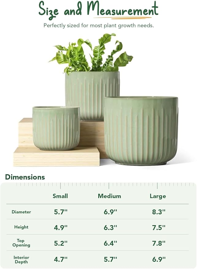 LE TAUCI Fluted Ceramic Planters Set of 3 – 8.3/7 / 5.7 in Sage Green Reactive Cylinder Indoor Plant Pots with Drainage Plug & Mesh, Glossy Stoneware Flower Pots for Succulents Herbs - Bloomnest