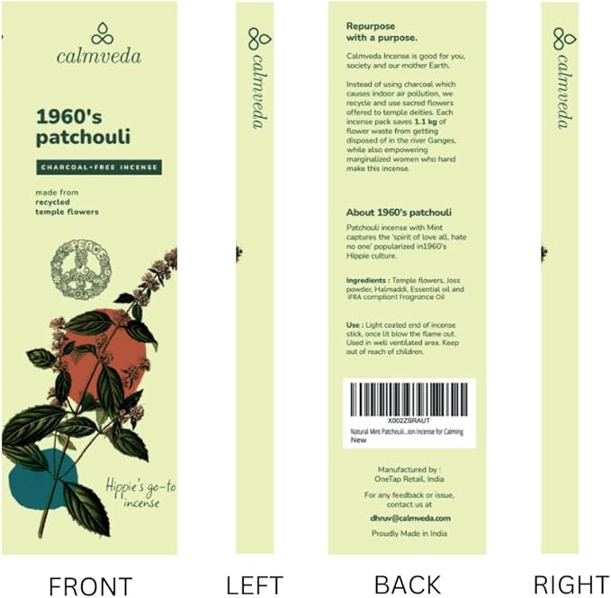 1960s Patchouli Incense Sticks Pack - (80 Sticks) Charcoal Free Incense, Made from Upcycled Flowers | Organic Incense Sticks Non Toxic | Relaxation Pachouli Incense for Calming - Bloomnest