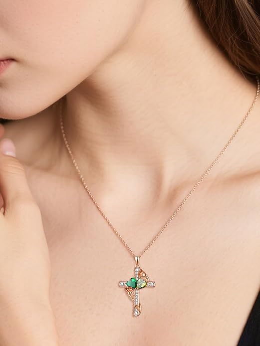 Rose Gold Dual Birthstones Cross Necklace for Women Rose Flower Jewelry Anniversary Christmas Mother's Valentine's Day Birthday Gift for Wife Girlfriend Mom - Bloomnest