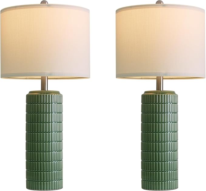 PoKat 27.5" Dark Green Ceramic Table Lamps for Living Room, Farmhouse Table Lamps Set of 2 for Bedroom Night Stands, Modern Bedside Lamps for End Side Table, Vintage Nightstand Decor Lamps Home Office - Bloomnest