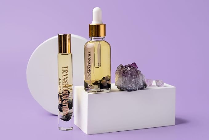 Crystal Infused Essential Oil Vial, 1 Oz, Transformation - Amethyst Crystal Infused - Scents of Jasmine, Bergamot, Vanilla, & Cedar - Aromatherapy Oils, Massage, Relaxing - Bloomnest
