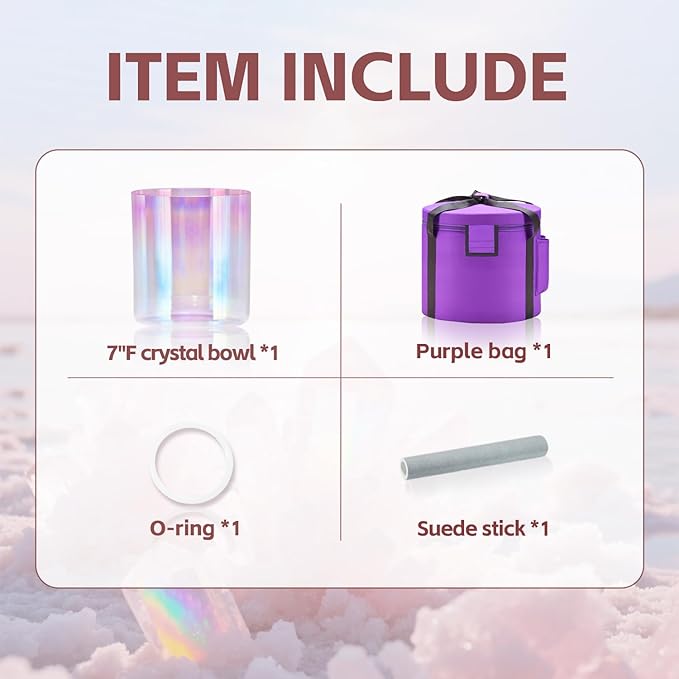 CVNC 440HZ 7 Inch F Note Heart Chakra Pink Purple Color Clear Quartz Crystal Singing Bowl with Carry Case Bag for Sound Healing and Meditation