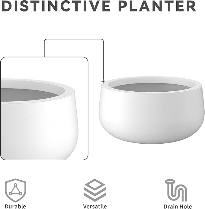 Kante 19.6",15.7",11.8" Dia Round Concrete Planters Set of 3, Outdoor Indoor Garden Plant Pots with Drainage Hole and Rubber Plug, Modern Curvaceous Design, Pure White - Bloomnest