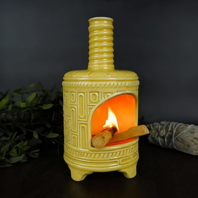 Yellow Ceramic Palo Santo Burner Holder - Purpose for Palo Santo Sticks, Sage Smudge Sticks & Incense Cones Burning – Ideal for Energy Cleansing, Yoga, Meditation & with Unique Chimney Design - Bloomnest
