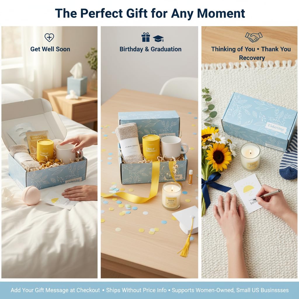 Unboxme Sunshine Care Package for Women, Spa Gift Basket with Tea, Mug, Bath Bomb, Candle, Cozy Socks, Thinking of You, Get Well, Birthday