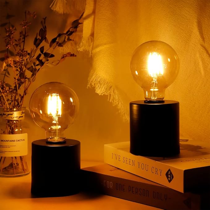 JHY DESIGN Set of 2 Black Table Lamp Battery Powered 7" Tall Cordless Lamp Light with Edison Style Bulb Battery Operated Great for Living Room Bedroom Weddings Parties Indoors Outdoors - Bloomnest