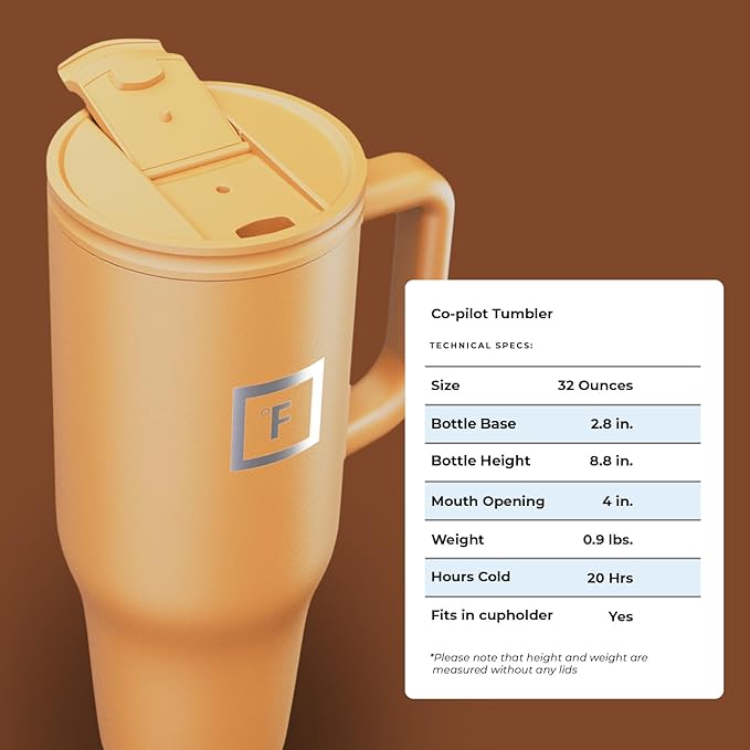 IRON °FLASK Co-Pilot Insulated Mug w/Straw & Flip Cap Lids - Cup Holder Bottle for Hot, Cold Drink - Leak-Proof- Water, Coffee Portable Travel Tumbler - Clementine, 40 Oz - Bloomnest