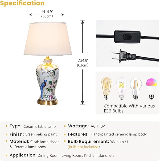 White Flower & Bird Ceramic Table Lamp,Hand-Painted Chinoiserie Lamp, Fabric Lampshade Nightstand Lamp for Bedroom Living Room Office College Bookcase - Bloomnest