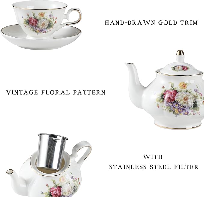 Sweejar Ceramic Teapot with Infuser, Floral Relief Gold Rimmed Teapot, 29 OZ Porcelain Tea Pot for Blooming and Loose Tea, Coffee...(Flower Style) - Bloomnest