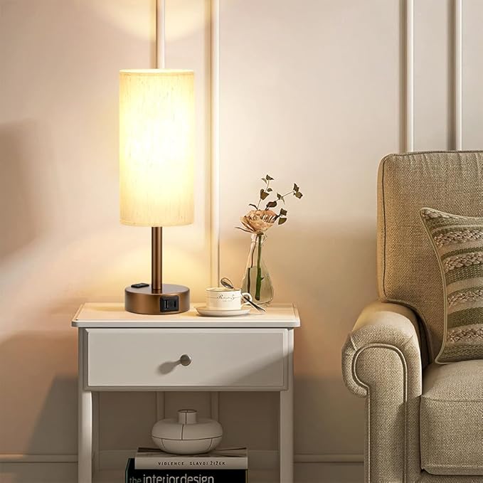 Brown Bedside Table Lamp for Bedroom - 3 Way Dimmable Touch Lamp USB C Charging Ports and AC Outlet, Small Lamp Round Flaxen Cream Fabric Shade for Living Room, Desk, LED Bulb Included - Bloomnest