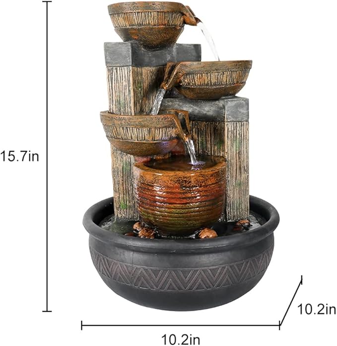 15.7''H 4-Tier Relaxation Indoor Tabletop Waterfall Fountain with LED Lights Desktop Fountains Calming Sound for Home Office Bedroom Decor (Brown, 15.7inch) - Bloomnest