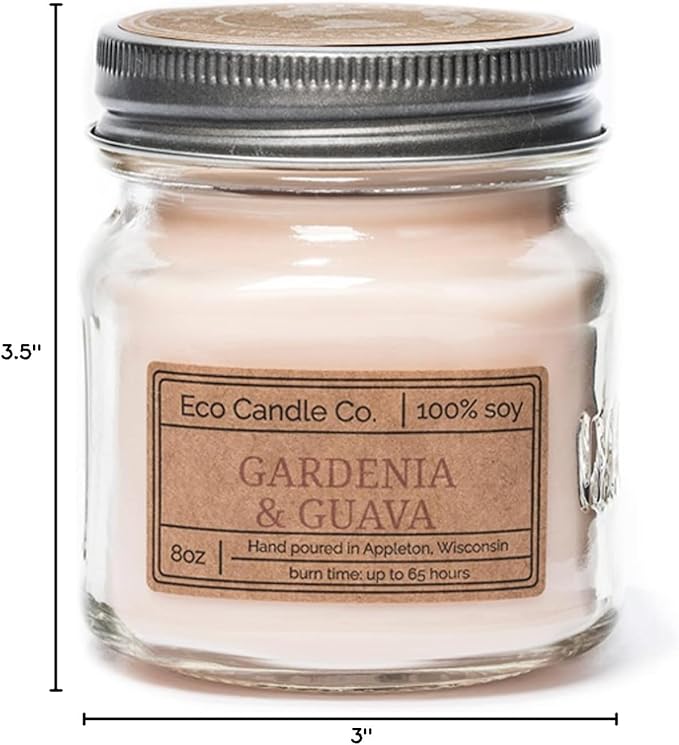 ECO CANDLE CO. Mason Jar Candle, Gardenia & Guava, 8 oz. - Scents of Gardenia, Jasmine, Guava, & Tropical Greens - 100% Soy Wax, No Lead, Kraft Label & Antiqued Pewter Lid, Hand Made - Bloomnest