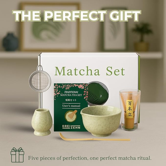 Dreizehn Matcha Whisk Set – 5 Piece Matcha Kit with Bowl, Whisk, Scoop, Sifter & Jar – Japanese Style Tea Set for Making Smooth and Frothy Matcha Green Tea at Home or as a Gift, Mottled Green - Bloomnest