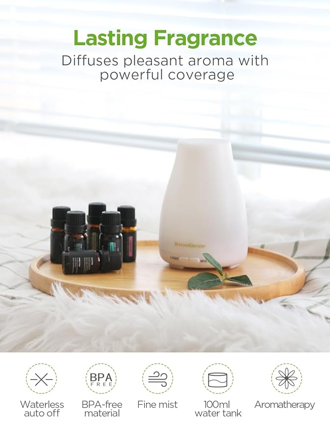 InnoGear Essential Oil Diffuser with Oils, 100ml Aromatherapy Diffuser with 6 Essential Oils Set, Aroma Cool Mist Humidifier Gift Set, White - Bloomnest