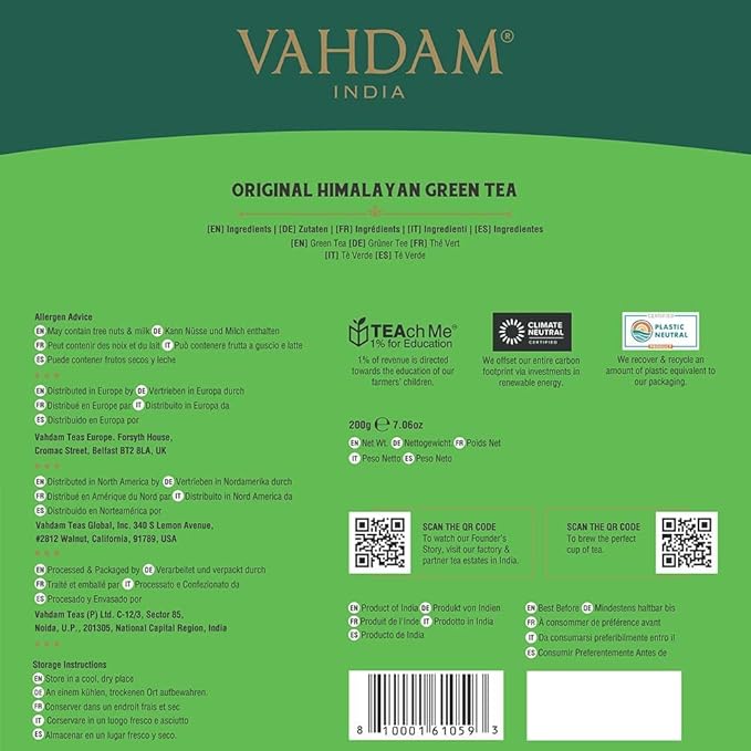 VAHDAM, Organic Himalayan Green Tea (100 Count) High Grown, Non GMO, Gluten Free, Low Caffeine | Earthy & Smooth | Resealable & Plant-Based Pyramid Tea Bags - Bloomnest