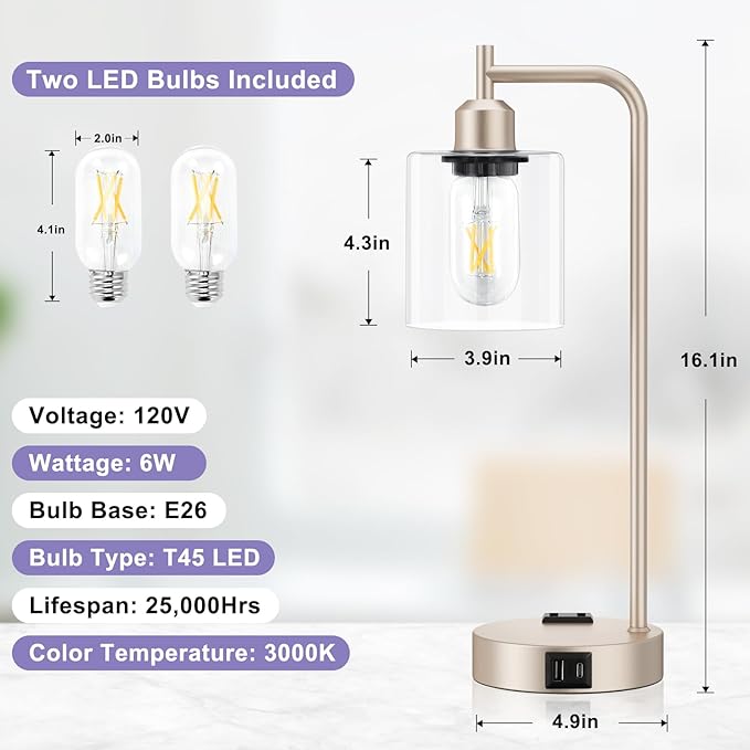 Industrial Touch Table Lamps for Bedrooms Set of 2 - 3-Way Dimmable Lamps with USB C+A Ports and Outlet, Champagne Gold Bedside Lamps with Clear Glass Shade for Living Room, Desk Lamps for Home Office - Bloomnest