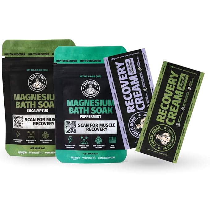 Coach Soak Magnesium Bath Flakes Mint & Lotion Trial Pack - Absorbing Magnesium Cream with Menthol - 0.18 lb (4 Pack) - Mixed Scents - Bloomnest