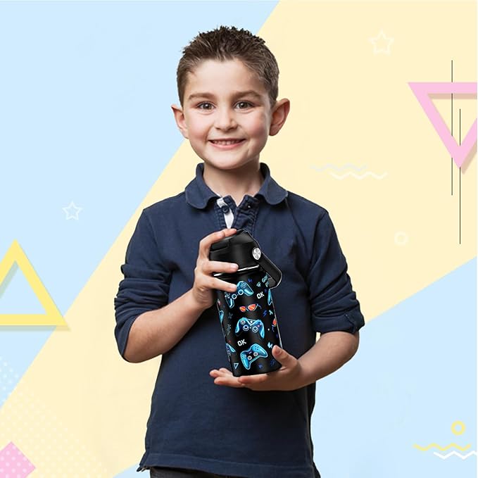 14oz Kids Insulated Water Bottle with Straw Lid - 18/8 Stainless Steel Kid Cup Travel Tumbler Double Wall Vacuum Leak Proof Portable Toddler Water Bottle (Game) - Bloomnest