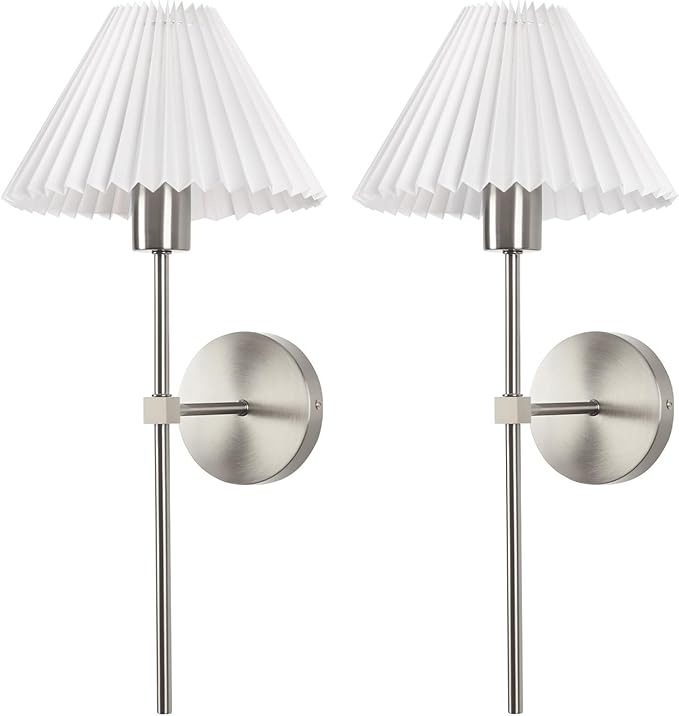 Wireless Wall Sconce Sets of 2, Pleated Shades Rechargeable Battery Operated Wall Sconce, Retro Industrial Brushed Nickel Bathroom Vanity Lights, Wall Mounted Lamps for Bedroom Living Room Hallway - Bloomnest