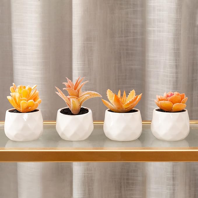 Tiita Artificial Faux Succulents in Pots, Mini Orange Fake Plants for Women Desk, Small Realistic Faux Succulents for Home Office Accessories Window Sill Bathroom Bedroom 4 Set, Orange - Bloomnest