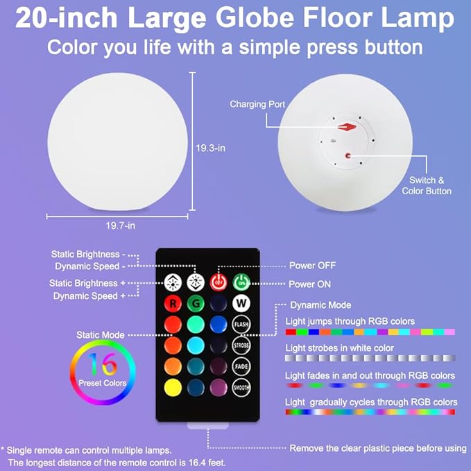 20-in LED Glowing Ball Light, Large Rechargeable LED Globe Orb Light w/Remote, Dimmable RGB Color Changing Globe Floor Lamp, Indoor/Outdoor Waterproof Mood Lamp for Home Garden Patio Lawn Party Decor - Bloomnest