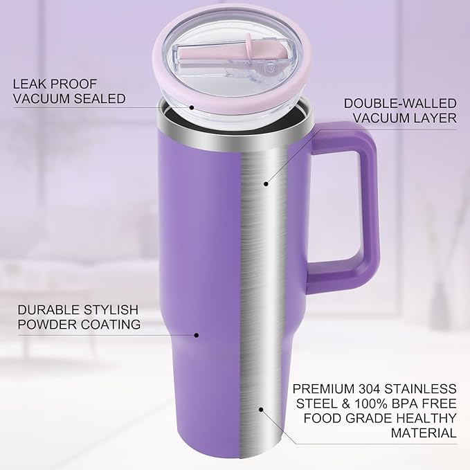 40 oz Tumbler with Handle and Flip Straw Lid, Vacuum Insulated Leak Proof Double Walled Stainless Steel Travel Mug Tumblers, Maintains Cold Ice and Heat for Hours(Dark Purple) - Bloomnest