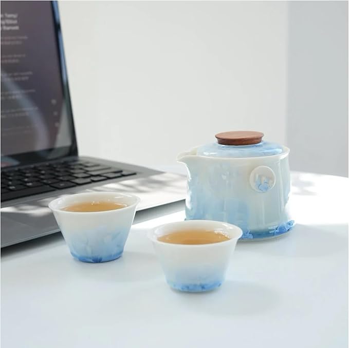Hermit Life Chinese Travel Tea Set, Portable Ceramic Teapot for One to Two, Gongfu Tea Set with Crystal Glaze, 1 Pot 2 Cups, Gift for Tea Lovers (Icy Blue) - Bloomnest